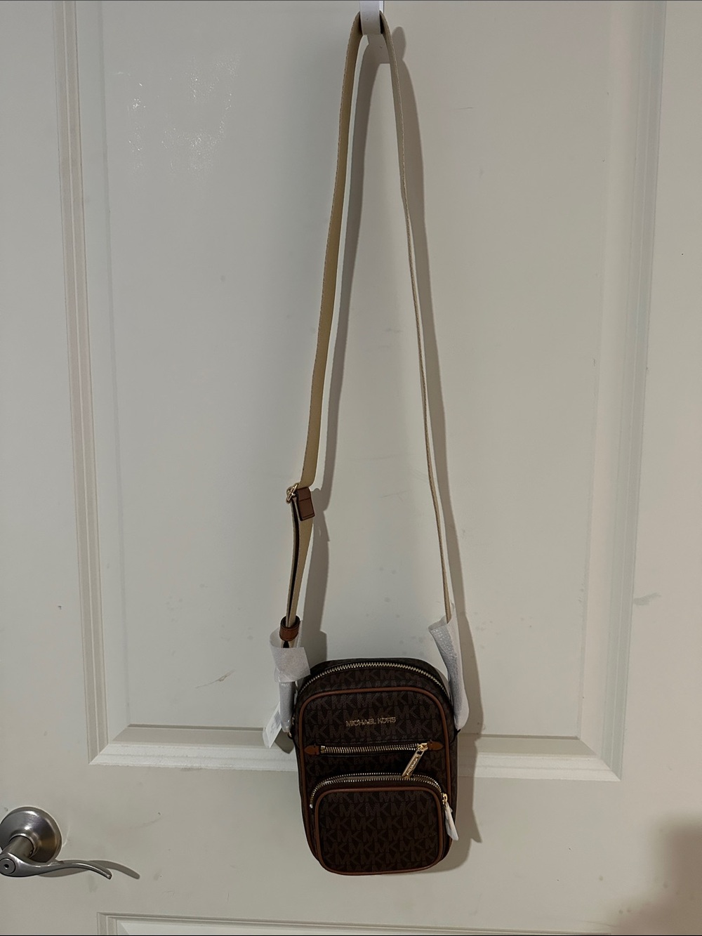 Michael Kors Brown Monogram Crossbody with Cream Strap
